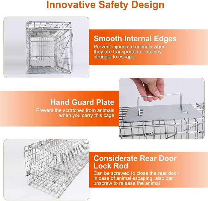 TeqHome Live Animal Cage Trap, Collapsible Humane Live Animal Cage Trap, Galvanized Steel Humane Live Trap Cage for Rabbit,Stray Cat, Groundhog, Raccoon,Squirrel,Chipmunk,Mole,Gopher,Skunk,24"x8"x8"