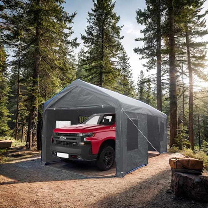 12x20 ft Heavy Duty Outdoor Portable Ventilated Canopy Carports, Garage Car Shelter with Removable Doors and Sidewalls, Grey