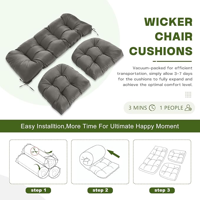 Wicker Chair Cushions Set, 2 U-Shaped Cushions & 1 Loveseat, Waterproof Outdoor Loveseat Cushion for Patio Furniture, Settee Bench Pad All Weather,Gray