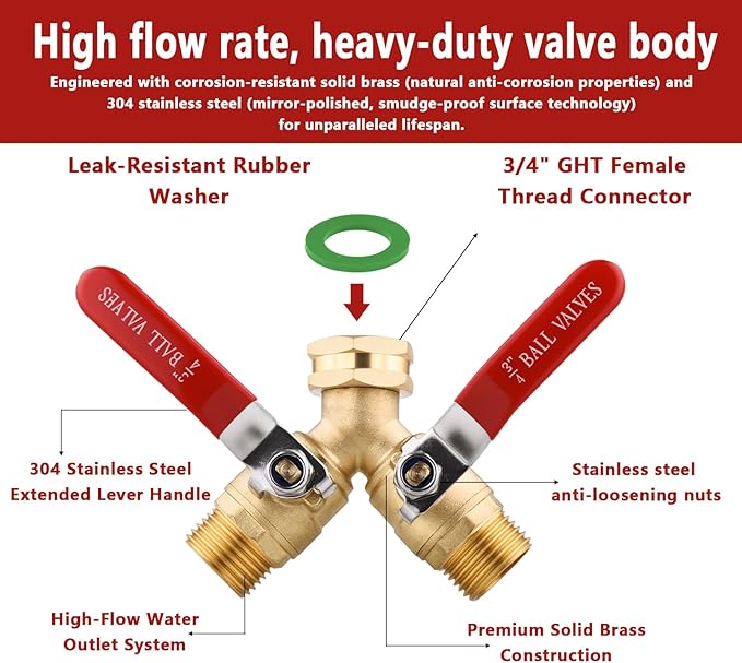 Solid Brass Garden Hose Splitter 2 Way Heavy Duty, Full Flow Y Valve Hose Splitter With Long Handle, 3/4" GHT Thread