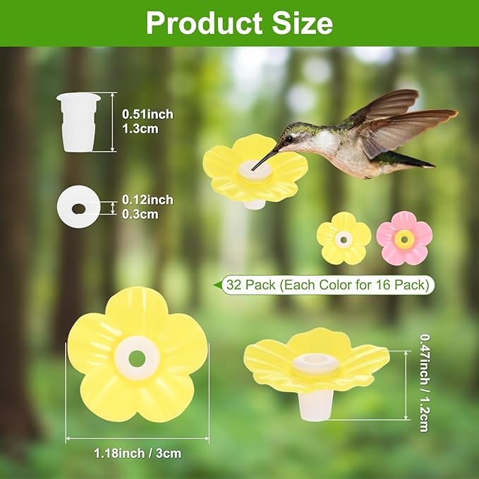 M METERXITY 32-Pack Hummingbird Feeder Replacement Flowers, Plastic Pet Hummingbird Feeding Parts Feeding Ports for Outdoor Hanging Feeders, Bees Guards [Yellow, Pink]