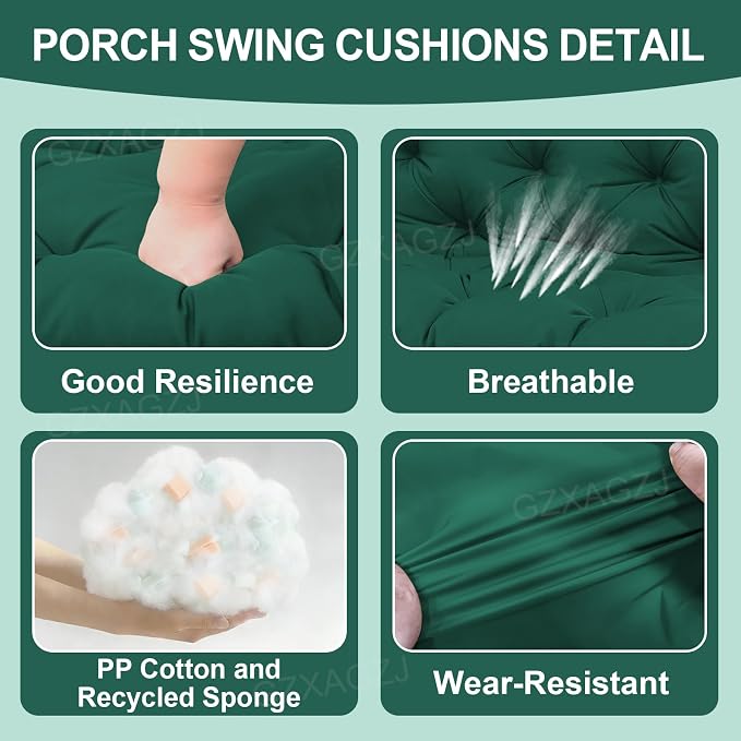 Porch Swing Cushions Outdoor 40x40 inch Waterproof Extra Thick 5" Swing Cushions Replacement with Backrest and Ties for Outdoor Furniture Porch Patio Garden Lawn (Dark Green)