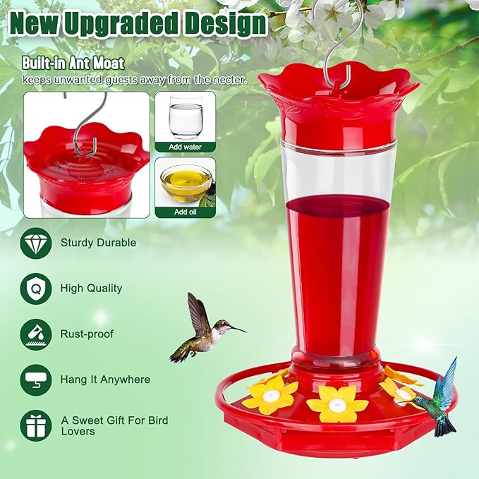 Gbekery Glass Hummingbird Feeders for Outdoors Hanging Ant and Bee Proof Clear 10 OZ 2 Pack Bird Feeders for Outside Hanging 6 Feeding Stations Bird Nectar Feeder for Garden Yard Décor Gifts for Mom