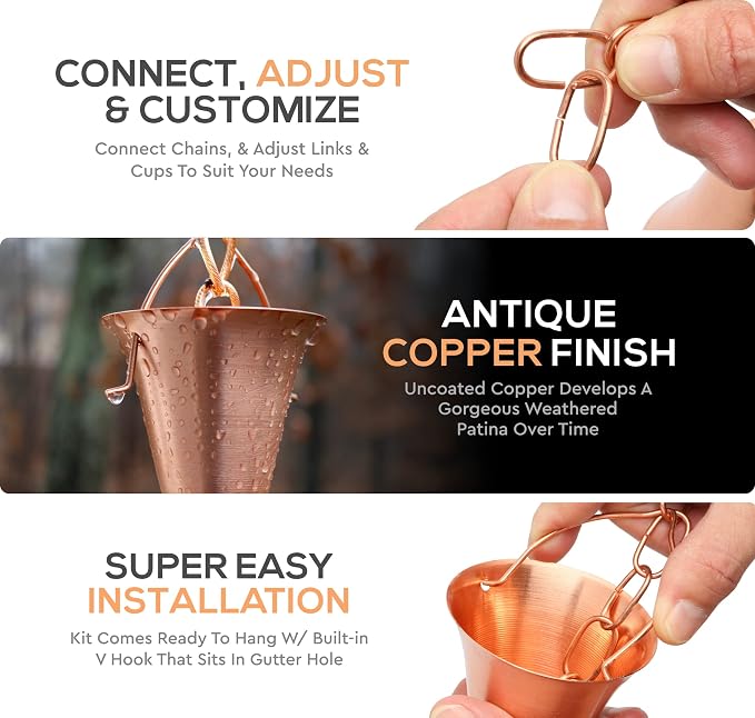 Copper Rain Chain – Decorative Chimes & Cups Replace Gutter Downspout & Divert Water Away from Home for Stunning Fountain Display – for Universal Fit