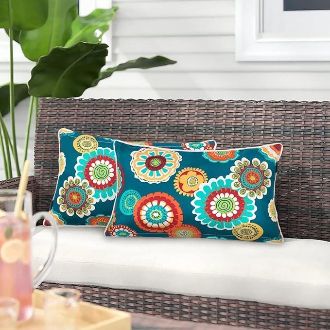 Magpie Fabrics Pack of 2 Outdoor Lumbar Pillow Case Covers 12"x20", Waterproof Rectangular Throw Pillowcase Shell Decorative Sham for Patio Garden Couch - Floral Green
