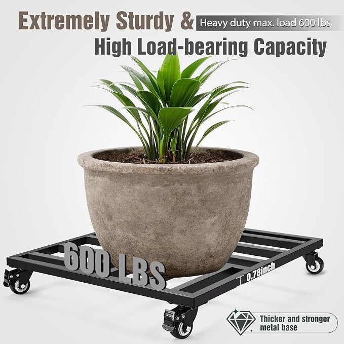 22" Plant Caddy with Wheels, Heavy Duty Metal Rolling Plant Stand, 600 lbs Square Plant Dolly with Lockable Industrial Caster Wheels for Large Planter Pots, Heavy Objects Wheeled Mobile Roller, 2 Pack