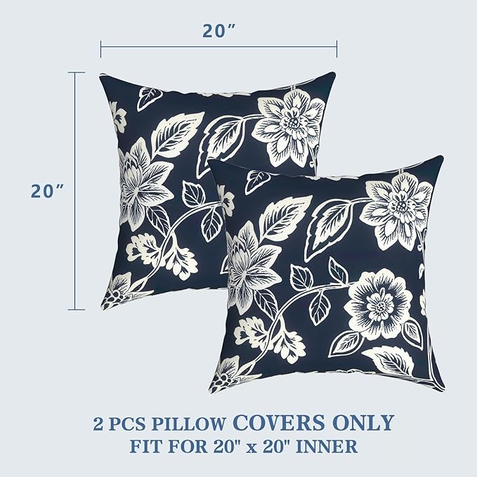 LVTXIII Outdoor Pillow Covers 20x20 Inch, 2 Pack Large Square Throw Pillow Cases, Fade-Resistant Cushion Covers for Patio Furniture Sofa, Garden Porch, Elegant Vines Navy