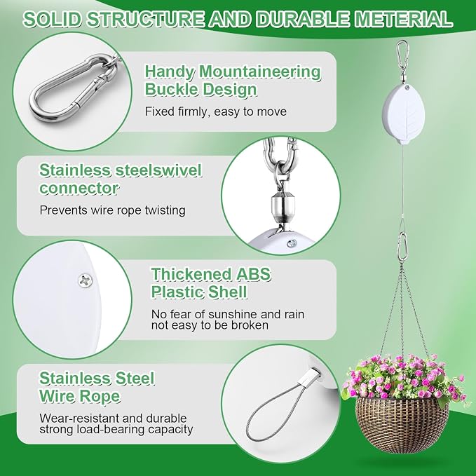 Heavy Duty Retractable Plant Hangers, Adjustable Pull-Down Pulleys with 63" Stainless Steel Rope, Double Hooks for Hanging Plants, Bird Feeders, Planters & Pots, Indoor & Outdoor Use (3Pcs- White)