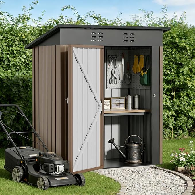 COMHOMA Shed Storage Outdoor Metal Windowed Lockable Solar Motion Light Adjustable Weatherproof Ventilated Backyard Garden Utility Workshop(Brown,5'*3')
