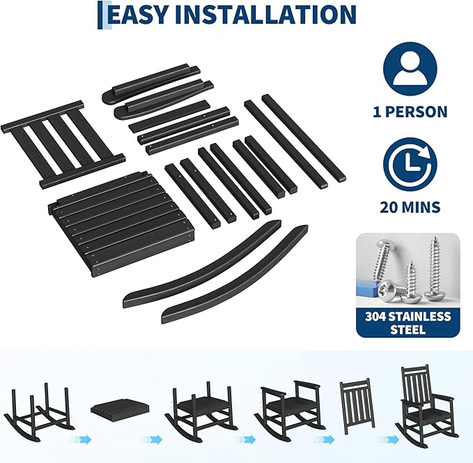 GarveeLife Rocking Chair Outdoor Set of 2 - HDPE Poly High Back Porch Rocker Chairs for Adults - All Weather Resistant Furniture for Patio Front Porch - Black