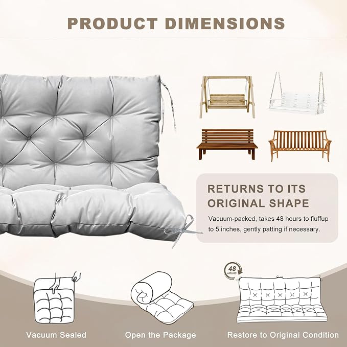 Porch Swing Cushion with Backrest,Waterproof Bench Cushion for Outdoor Furniture,2-3 Seater Replacement Thickened Swing Cushion with Ties,Patio,Outdoor,Backyard and Garden (Light Gray,47x40)