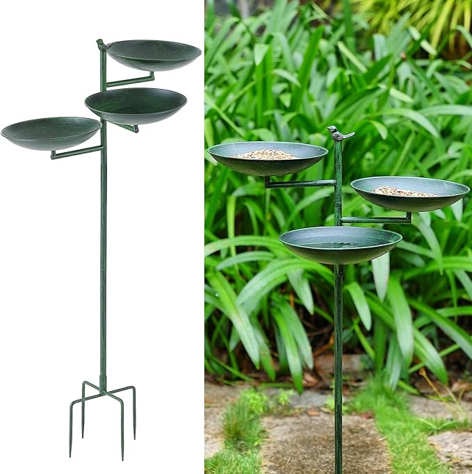 44" H Bird Bath and Feeder for Outside, 3 in 1 Free Standing Metal Birdbaths for Outdoors, with Cast Iron Bird 4-Prong Stake Base for Outdoors Yard Garden Patio, Green