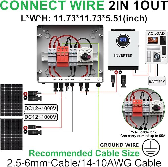 2 String Solar PV Combiner Box 2 in x20A 1 Out x 32A IP65 DC1000V 32A Disconnect Switch with Surge Protector and 20A PV Fuse, Circuit Breaker Outdoor IP65 Waterproof for Solar Panels System