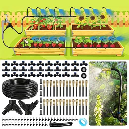 Riboud 220Ft Drip Irrigation System, 2026-Upgrade Garden Watering Kit with 28 Adjustable Copper Rotating Arm Nozzles, 360° Flexible Spray Irrigation Kit for Raised Beds, Lawn, Greenhouse