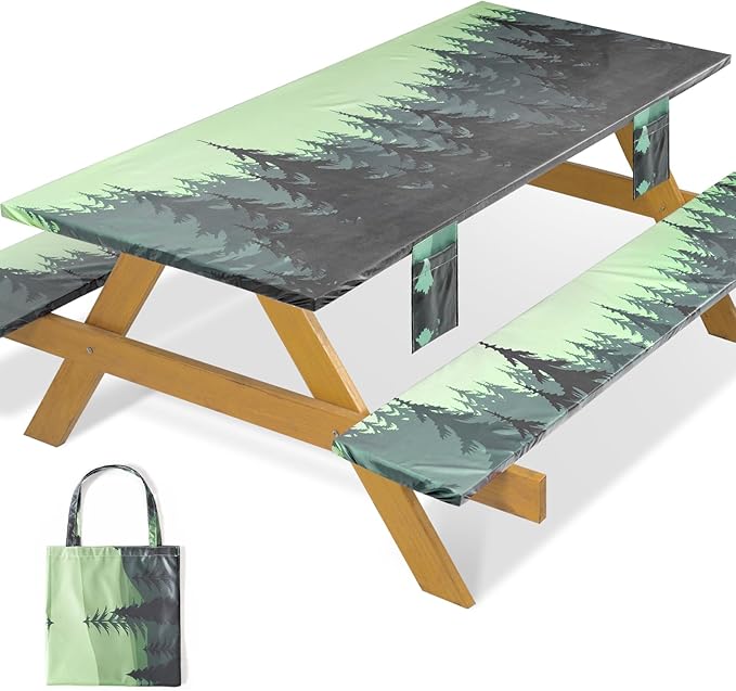 Fitted Waterproof Picnic Table Cover with Bench Covers Elastic Edges Camping Tablecloth for 6 Foot Rectangle Tables Camp Cooking Motorhome Hiking Equipment Car Rv Travel Trailer Needs Gifts
