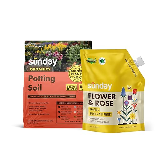 Sunday Organic Potting Soil and Flower Plant Food Bundle, Peat-Free Potting Mix 8 qt + Flower & Bloom 4-4-6 NPK Fertilizer 2 lb, OMRI Listed, for Beds, Containers, and Houseplants