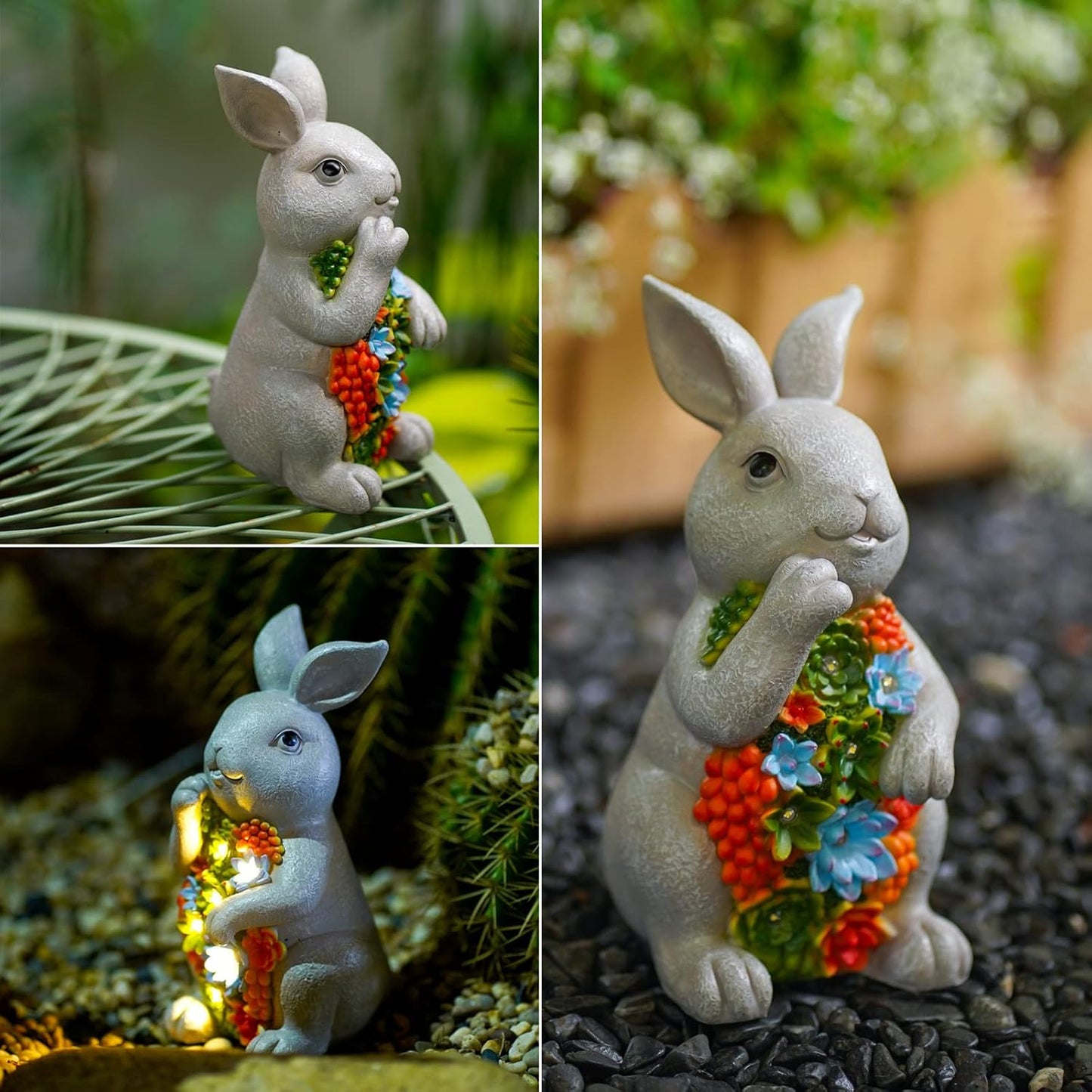 Nacome Garden Outdoor Statues Bunny with Succulent and 7 LED Lights – Lawn Decor for Patio, Balcony, Yard Ornament - Unique Housewarming Gifts