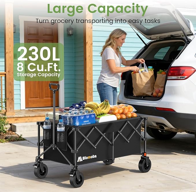 Blomoba Collapsible Wagon Cart, 330LBS Heavy Duty Folding Cart with Wheels 360° Rotation, Built-in Brakes, Flexible Handle, Portable Utility Wagon for Grocery Sports Garden Shopping Camping
