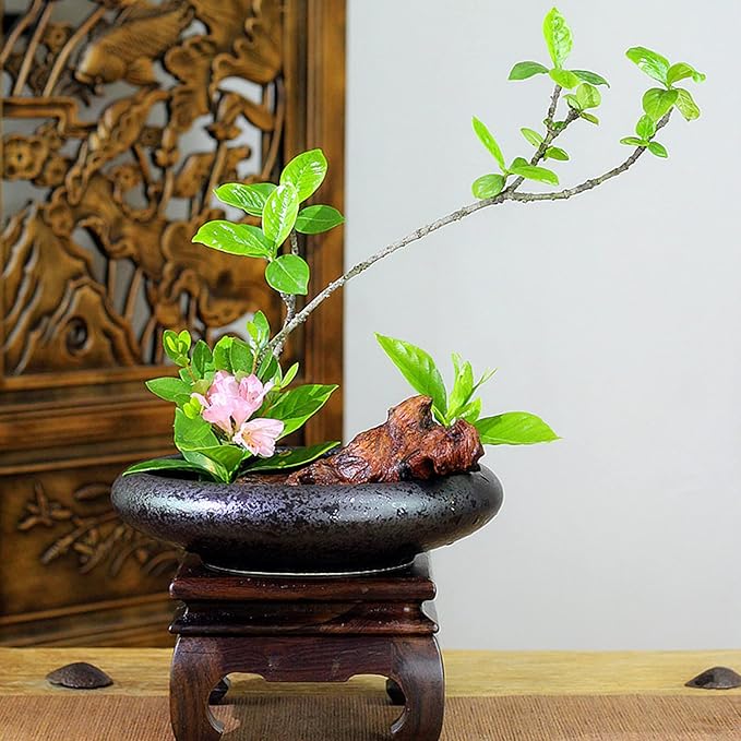 Flower Arrangement Supplies, Deep Round Ceramic Ikebana Flower Vase with 5cm Kenzan Flower Frog for Floral Arrangement Home Decoration, Black Spotted