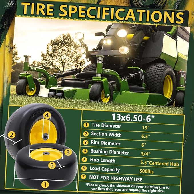13x6.50-6 Flat Free Tire and Wheel with Rim,Universal 13x6.5-6 Solid Smooth Rubber Zero-Turn Lawn mowers Tire,5.5"-7.72”Centered Hub and 3/4" extra 5/8" 1/2” Bushings(Yellow)