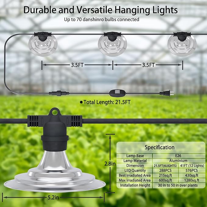 Outdoor LED Grow Light, Waterproof String Plant Growing Light, 21 FT Full Spectrum Growth Light, Suitable for Garden, Farm, Flower, Seedling Greenhouse Grow Light (6 Light)