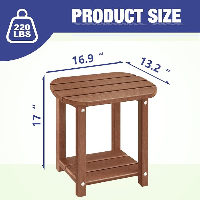 LZRS 2-Tier Patio Side Table, Heavy Duty HDPE Outdoor End Table with Wood Texture, Weatherproof Composite Table for Adirondack Chairs, Deck, Pool, Indoor/Outdoor, No Peeling Cracking(Brown)
