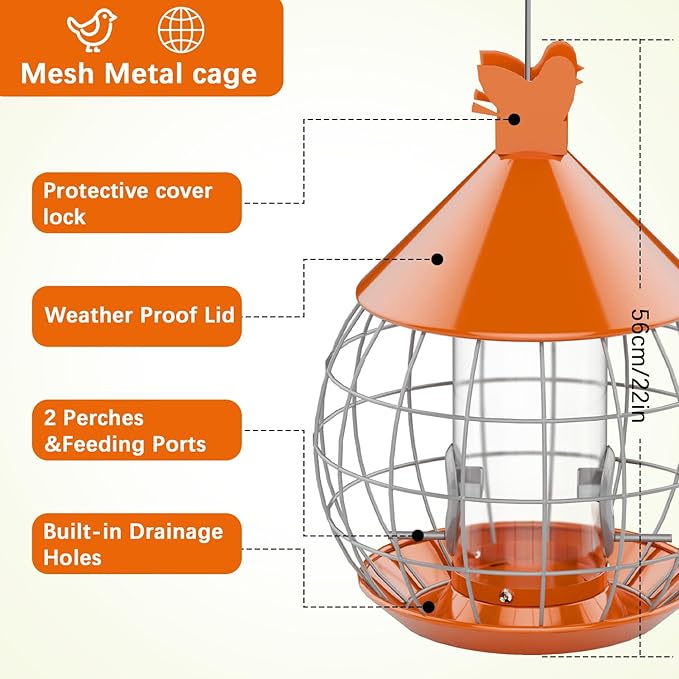 Caged Bird Feeder Squirrel Proof,Large Hanging Metal Bird Feeder for Outdoor,Easy to Fill & Detachable Cleaning,Attract Small Wildbirds,Wrens Finches Chickadee