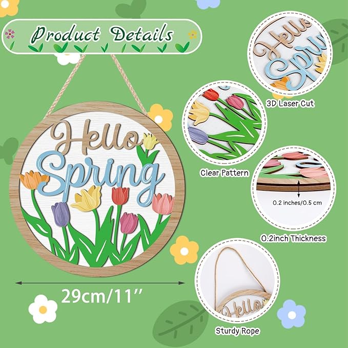HOURIA 3D Bright Hello Spring Front Door Decor,11.4”Inches Colorful Tulip Flower Wood Hanging Sign for Wreath,Rustic Farmhouse Spring Floral Welcome Decorations for Indoor Outdoor Home Porch Office