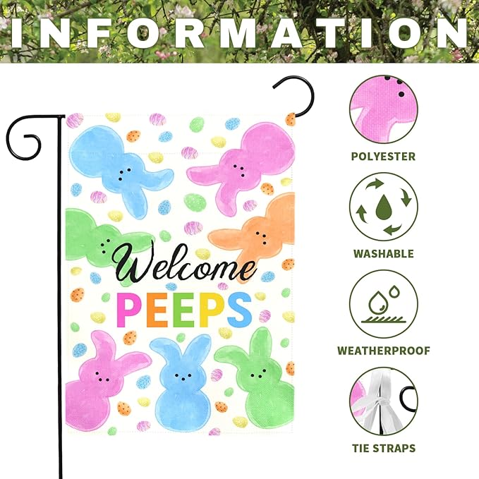 Welcome Peeps Easter Garden Flag for Outdoor Spring Cute Bunny Egg Pattern Double Sided Yard Banner Holiday Welcome Rabbit Flags Waterproof Seasonal Home Hare Decor for Porch Lawn 12x18 Inch