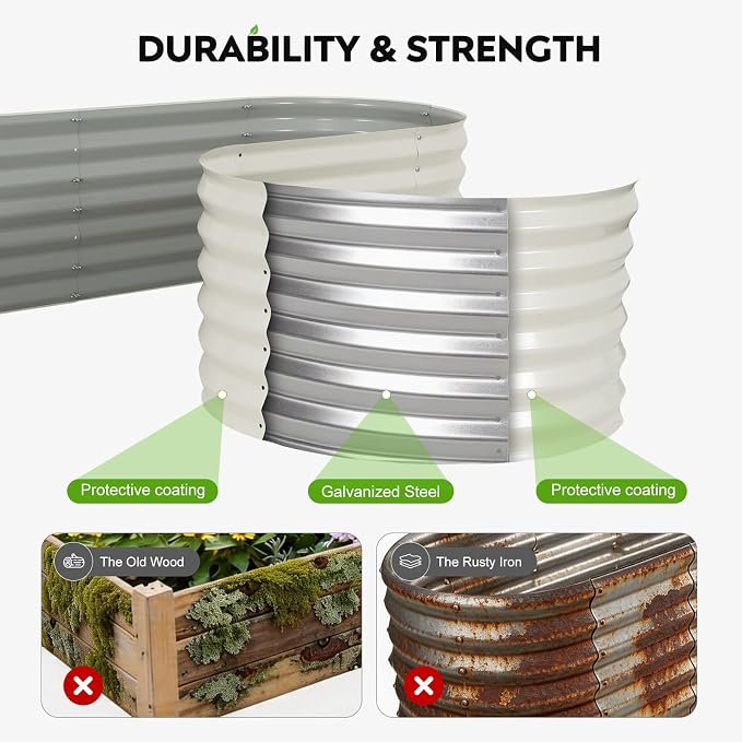2 Pack Galvanized Raised Garden Bed 8x2 ft, 17" Tall Oval Metal Planter for Outdoors, 9 in 1 Modular Large Garden Bed Kits for Outdoor Vegetable Flowers - White