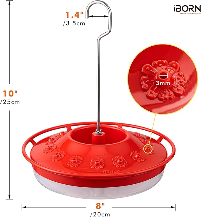 iBorn Hummingbird Feeders for Outdoors Hanging,Bee Proof Hummingbird Feeder with 14 Feeding Ports,13 OZ Saucer Humming Bird Feeders with Ant Moat,Ant Proof No Leak,Easy to Clean and Refill,Red,1 Pack