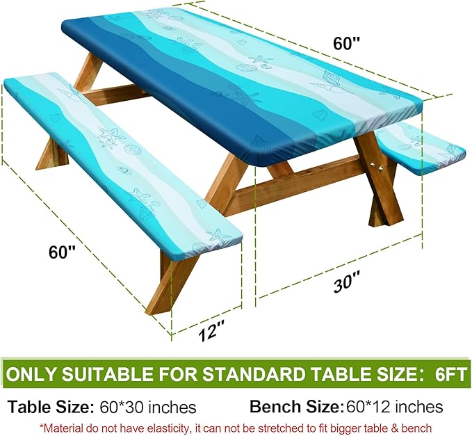 Picnic Table Cover with Bench Covers Camping Essentials Waterproof Windproof Camping Tablecloth with Drawstring Bag, Fitted Rectangle Tables and Seats, 60in, Sky Blue