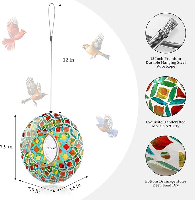 SAVENNA Mosaic Glass Hanging Bird Feeder, 8 Inch Handcrafted Outdoor Feeder with Steel Wire Rope, Decorative Garden & Patio Feeder for Wild Birds, Colorful Abstract Mosaic Design