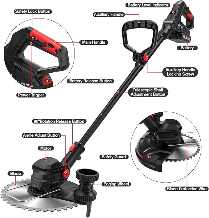 21V Cordless Weed Wacker Lawn Edger, 4.6lbs Lightweight Battery Powered String Trimmer, 4-in-1 Brush Cutter with Metal Blades, Wire Brush & Guide Wheel for Garden Edging (2 Batteries, 2.0Ah)