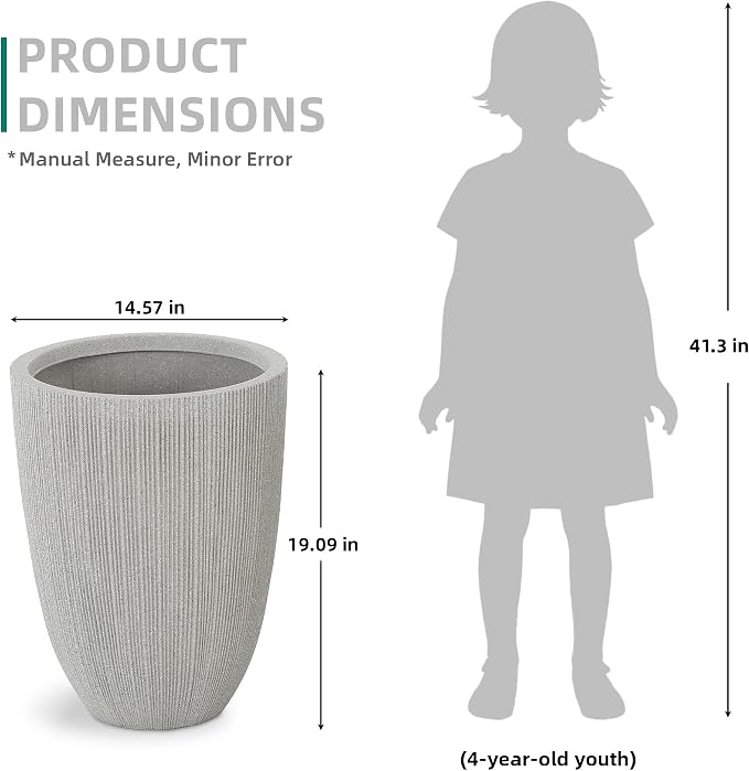 19" Tall Beige Fluted Planters for Indoor & Outdoor, Set of 2 Large Mediterranean-Style Resin Flower Pots with Drainage Holes, UV & Weather Resistant for Patio Porch Home Office Decor