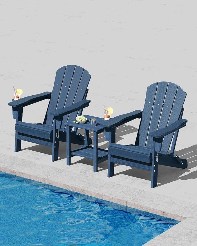 GarveeLife Folding Adirondack Chair Set of 4 with 2 Side Table, All-Weather HDPE Outdoor Chair, Wooden Textured with Cup Holder for patios, Decks, Gardens, fire pits, Navy Blue