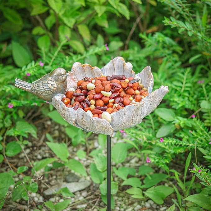 MUMTOP Outdoor Antique Bird Bath Small Flower Bird Baths Bowl Resin Birdbaths for the Garden with Metal Stake