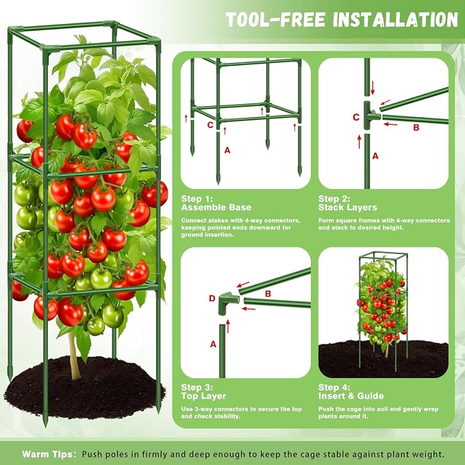 Riare 4 Pack Square Tomato Cages for Garden- 45 Inch Heavy Duty Tomato Stakes Plant Support, Metal Tomato Trellis for Climbing Plants Outdoor, Raised Garden Bed, Vegetables Flowers