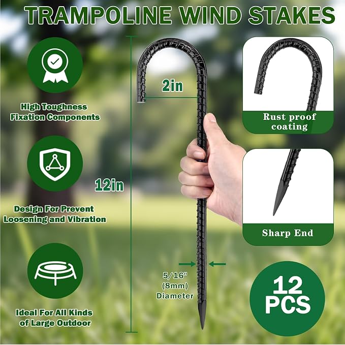 12" Trampoline Ground Wind Stakes Anchors High Wind Heavy Duty, 12 Pack J-Shaped Rebar Tent Stakes for Camping Tents, Soccer Goals,Fences, Swing, Landscape,Garden Decoration (J-12Pack)