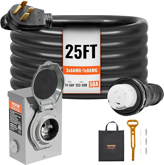 VEVOR 50 Amp Generator Cord and Power Inlet Box Kit, 25FT Generator Extension Cord NEMA 14-50P/SS2-50R STW 6/3+8/1 AWG with Twist Lock Connector, Pre-Drilled Inlet Box, ETL Listed