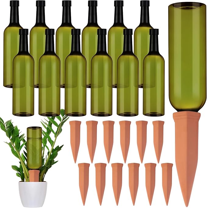 SiliFine 12 Sets Plant Watering Devices Include Terracotta Self Watering Spikes and 26 oz Plastic Bottles, Slow Release Vacation Insert Automatic Plant Waterer Device (Grass Green and Terracotta)