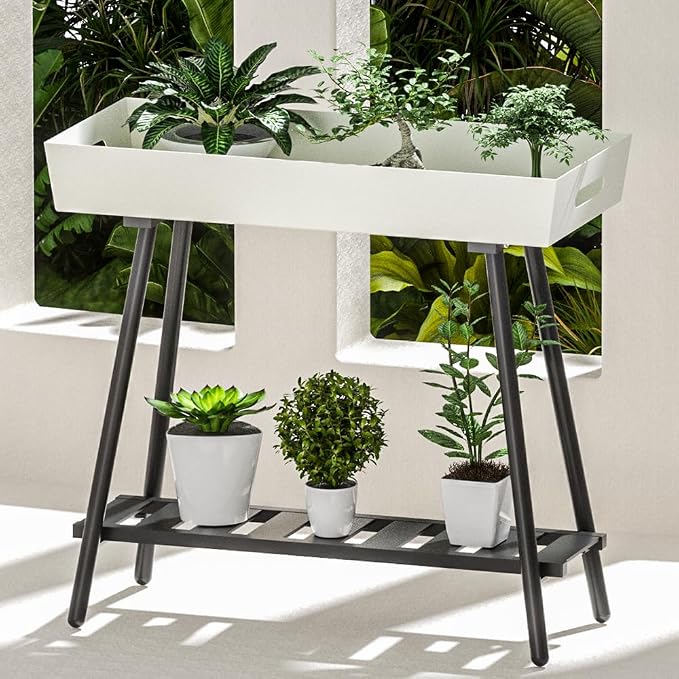 2-Tier Aluminum Plant Stand Indoor Outdoor with Built-in Handles, Anti-Fall Top Storage Box, Heavy Duty Multi-Use Plant Rack & Display Shelf for Patio Garden Lawn Balcony Living Room