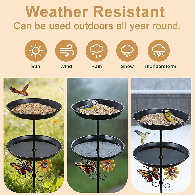 hogardeck 2-in-1 Vintage Freestanding Bird Bath & Feeder, Double Metal Layers Birdbath with Upgraded 5-Pronged Sturdy Base, Outdoor Decor for Garden Patio Yard Lawn, Black