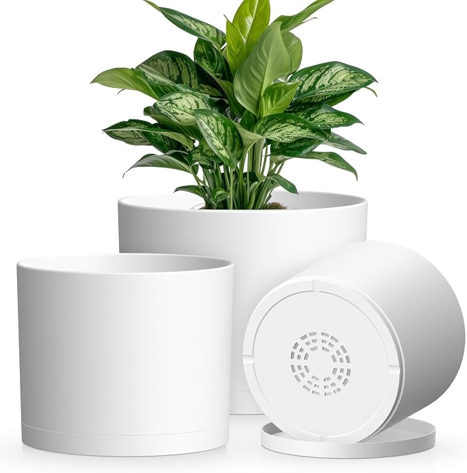 Plant Pots, 10/9/8 Inch 3 Pack Cylindrical Flower Pots with Drainage Holes and Saucers, Plastic Planters for Outdoor Indoor Plants,White