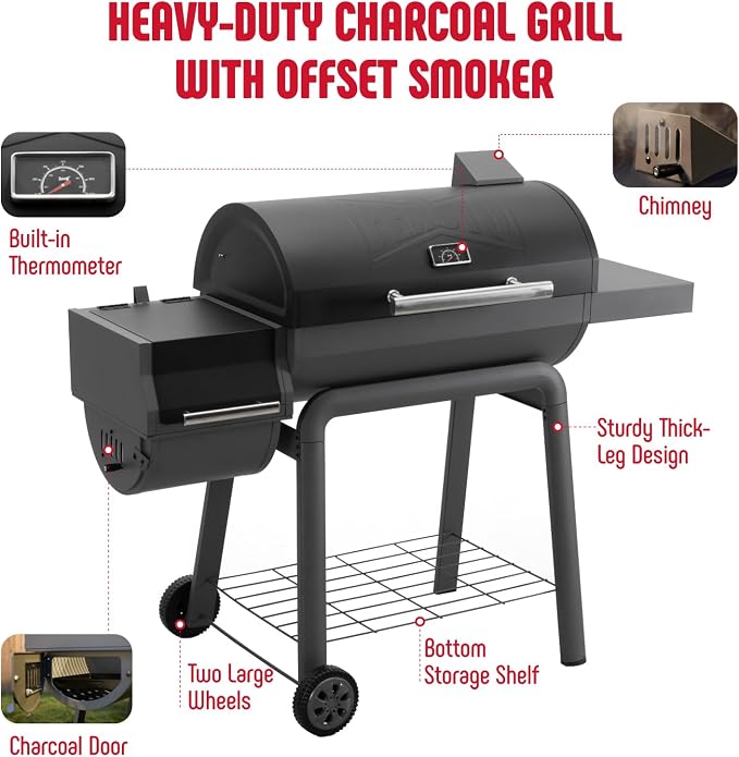 Feasto Heavy-Duty 30-Inch Charcoal Grill with Offset Smoker Grill | Side Table & 815 Sq. In Cooking Space, Outdoor BBQ Grill for Outdoor Barbecue in Backyard, Patio and Parties, Black