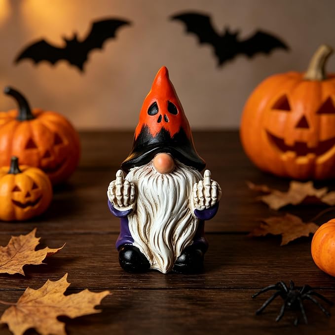 Halloween Middle Finger Gnome Statue with Skeleton Hands - Spooky Ghost Face Hat Resin Figurine 3.5in, Weather Resistant Indoor Outdoor Decor for Patio Yard Halloween Party, Novelty Edgy Gift