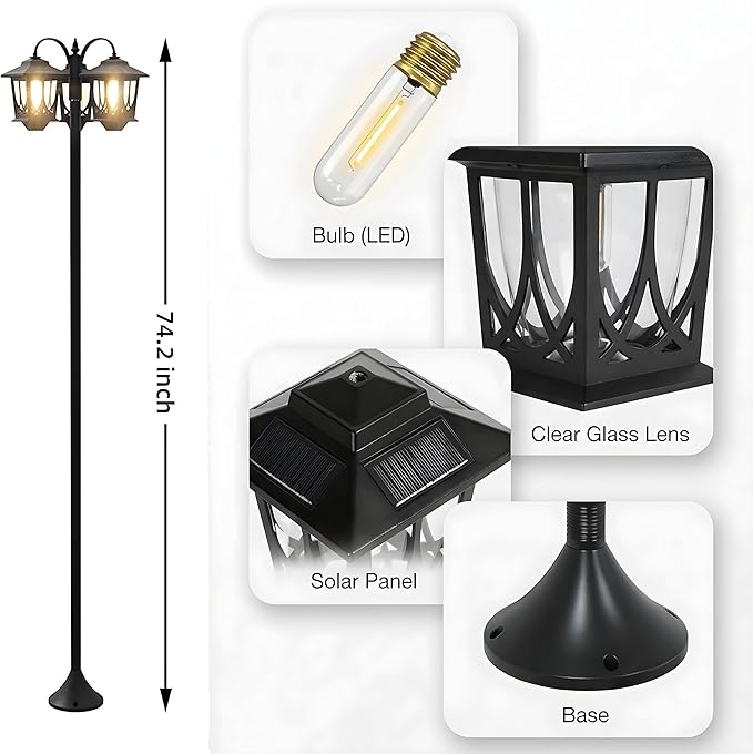 PEATOP 73” Solar Lamp Post Light Outdoor, 3-Head Aluminum Solar Post Light for Yard, Garden, Lawn, Pathway, 90Lm Dusk to Dawn Waterproof Solar Floor Lamp with Replaceable Bulbs, Warm White