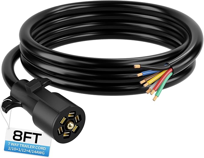 Deluwire 8 FT 7 Pin Trailer Plug, Heavy Duty Trailer Wiring Harness, 7 Way Trailer Cord with Double Prongs Connector for Trailers, RVs, Campers