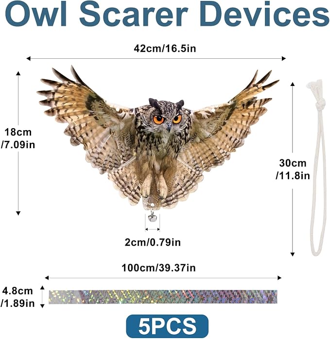 5PCS Fake Owl Reflective Hanging Owl Decoration, Effective Owl Control Device Garden Protectors for House, Garden, Pool, Yard