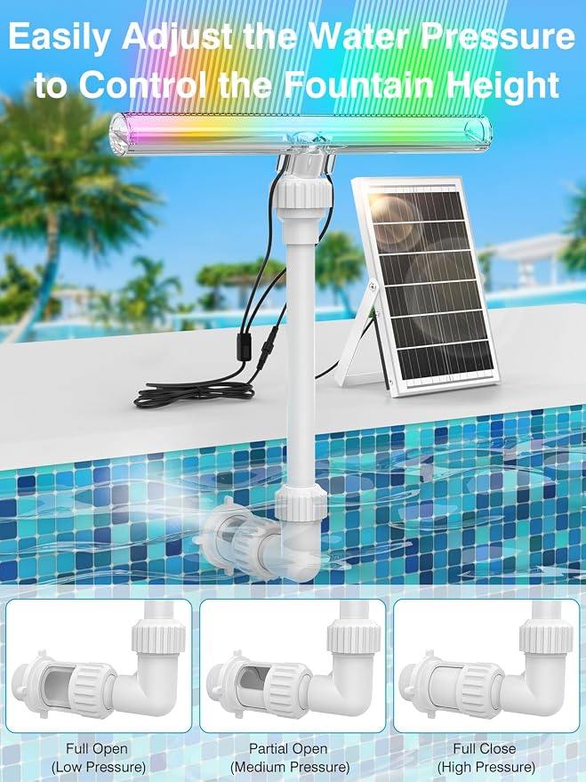 Solar Pool Fountain with 15-Color LED Lights, Adjustable Water Pressure & Spray Angle, Pool Waterfall Sprinkler for Above Ground & Inground Pools, Ponds, Outdoor Decor